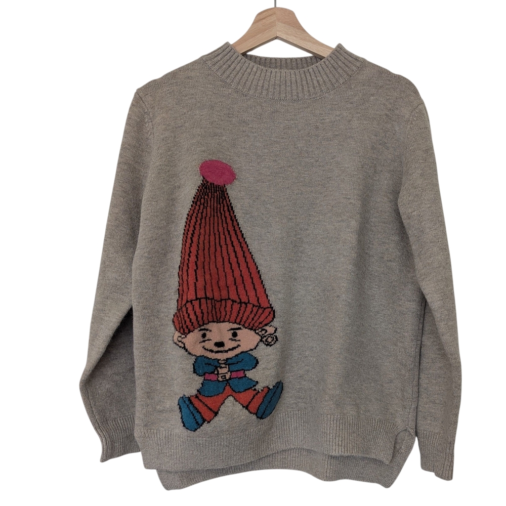 Beige Sweater with Cartoon Character Design, M